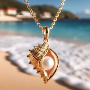 Pearl in Golden Seashell Pendant Necklace