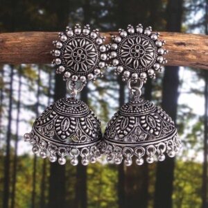 Oxidized Silver Flower Design Jhumka Earrings